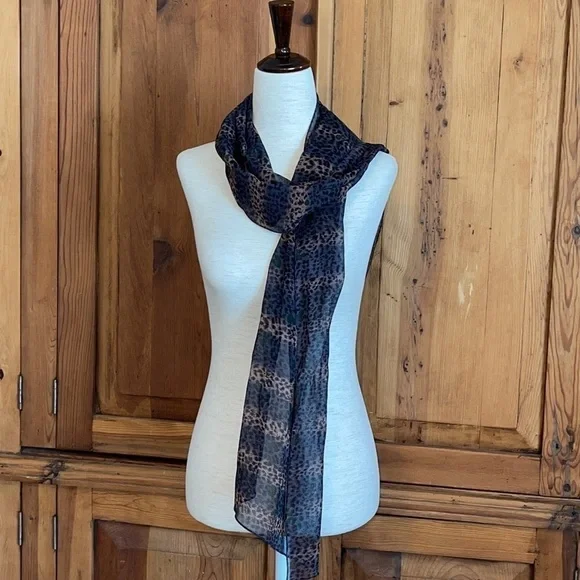 Silk Chiffon Cheetah Print Sheer Oblong Scarf 74” X 12”